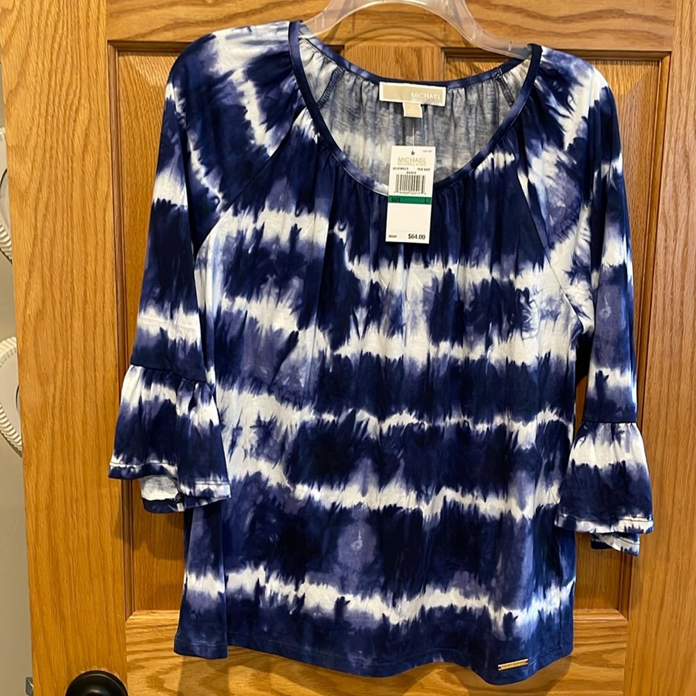 Michael Kors blue/white tiedie top w/gathered neckline flared sleeves-cuff NWT